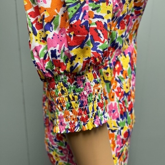 Multi Color Floral Puff Sleeve Midi Dress by RIXO Hidden back zip v neck Size 8 - Picture 7 of 12